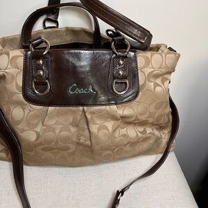 Coach Ashley Signature Satchel in Khaki and Mahogany.